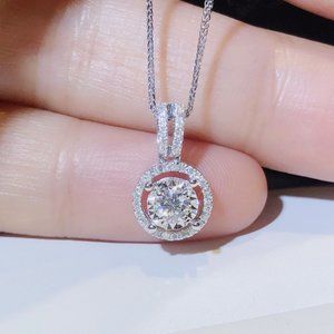 NEW 3CT Round Diamond Halo Silver Pendant Necklace